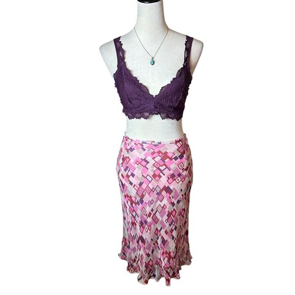 Willi Smith Petite Silk Skirt 12P | Y2K Geometric Midi Pink Purple Slip Skirt - Picture 1 of 12